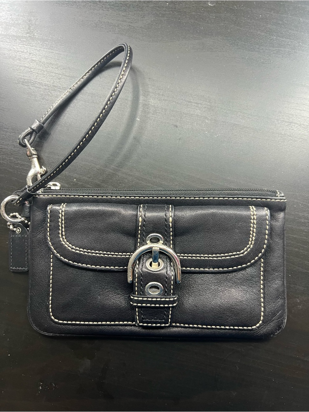 Coach Black Leather Wristlet with Contrast Stitching